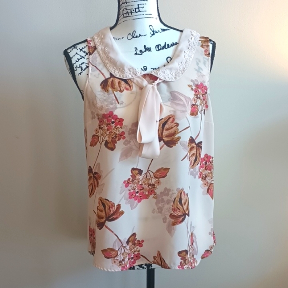 Lauren Conrad Light Peach Blouse With Dark Pink & Brown Floral Design